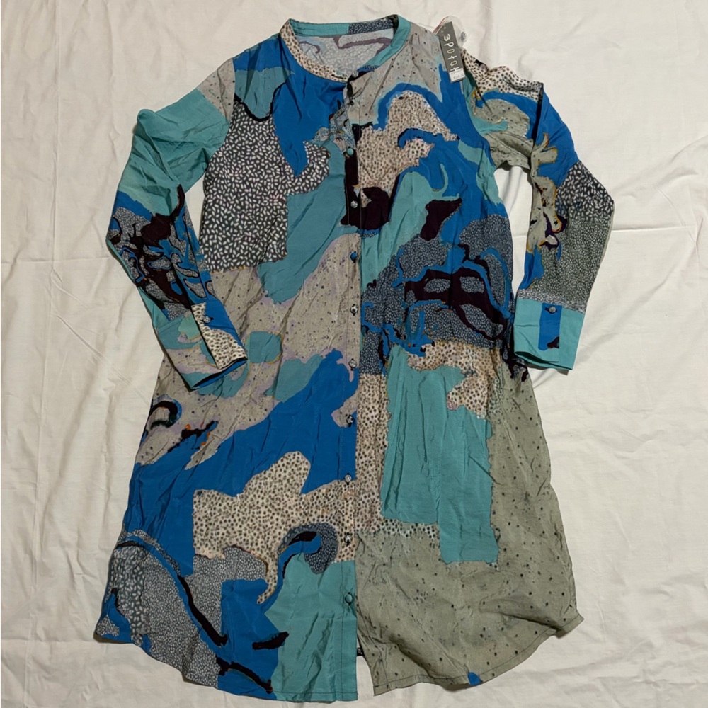 3 Potato LS Button Up Abstract Art-To Wear-Shirt Tunic Dress with Pockets